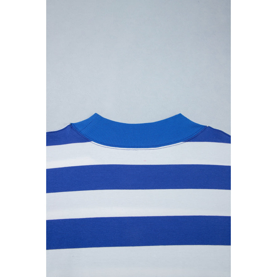Blue Stripe Ribbed Trim Stand Neck Dropped Shoulder Plus Size Sweatshirt Size/Plus Sweatshirts & Hoodies