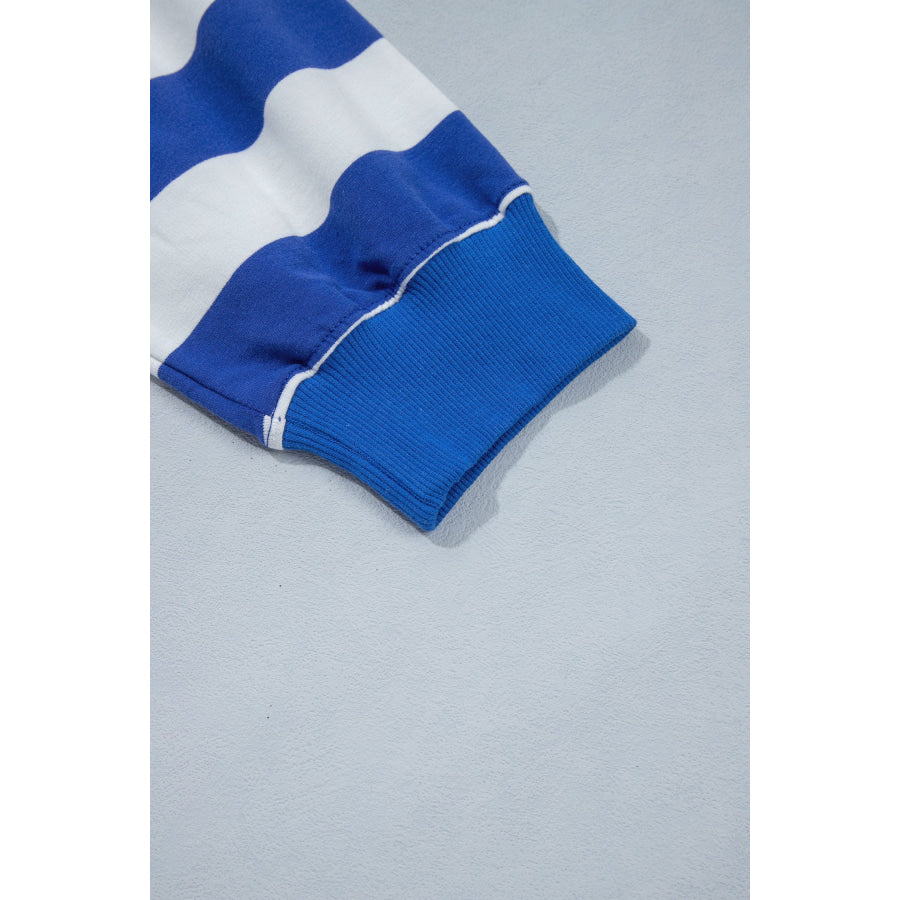 Blue Stripe Ribbed Trim Stand Neck Dropped Shoulder Plus Size Sweatshirt Size/Plus Sweatshirts & Hoodies