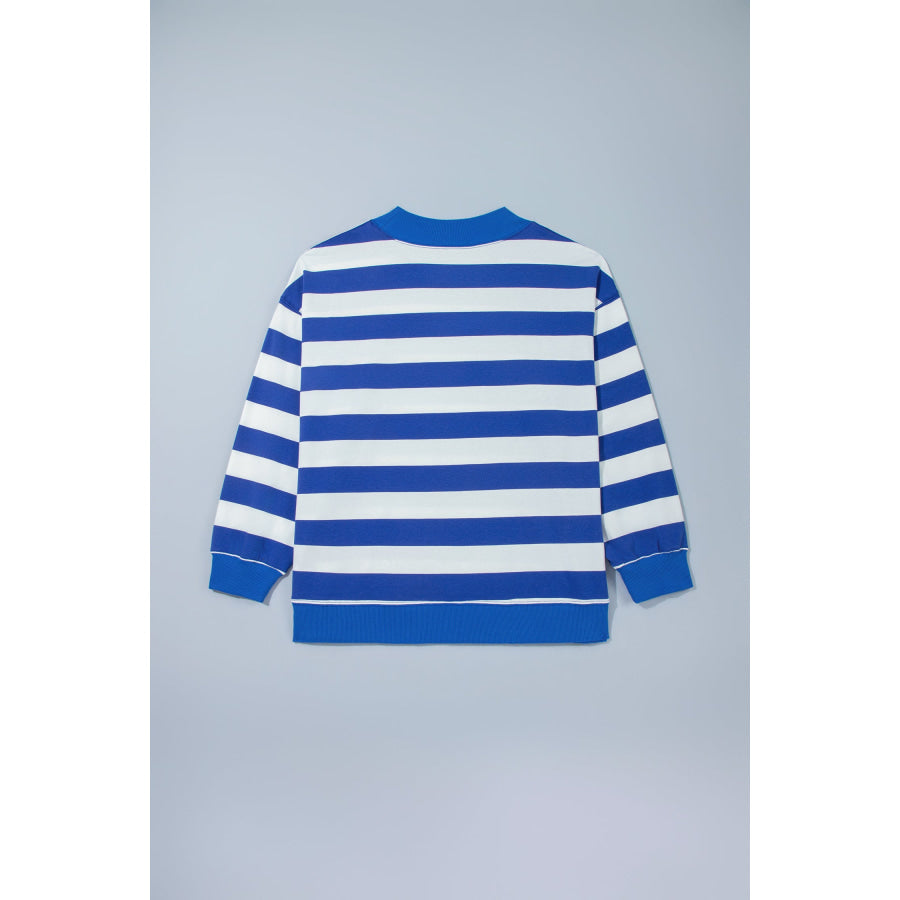 Blue Stripe Ribbed Trim Stand Neck Dropped Shoulder Plus Size Sweatshirt Size/Plus Sweatshirts & Hoodies
