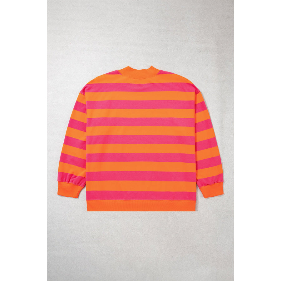 Blue Stripe Ribbed Trim Stand Neck Dropped Shoulder Plus Size Sweatshirt Size/Plus Sweatshirts & Hoodies