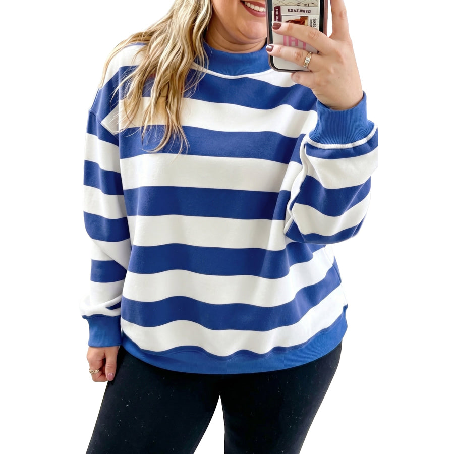Blue Stripe Ribbed Trim Stand Neck Dropped Shoulder Plus Size Sweatshirt Size/Plus Sweatshirts & Hoodies