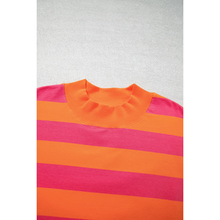 Blue Stripe Ribbed Trim Stand Neck Dropped Shoulder Plus Size Sweatshirt Size/Plus Sweatshirts & Hoodies