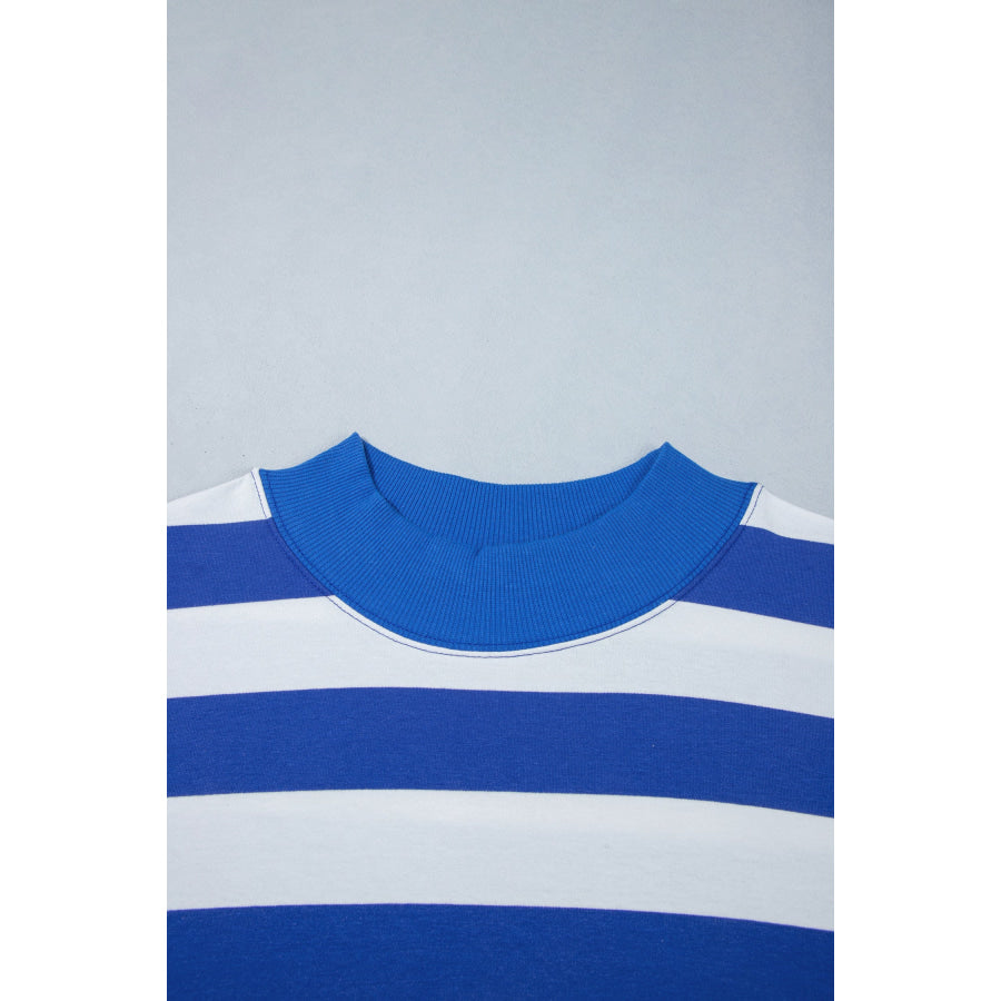 Blue Stripe Ribbed Trim Stand Neck Dropped Shoulder Plus Size Sweatshirt Size/Plus Sweatshirts & Hoodies