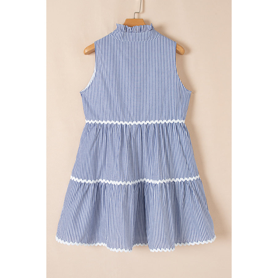Blue Stripe Sleeveless Notched V Neck Contrast Ric Rac Mini Dress Dresses/Mini Dresses