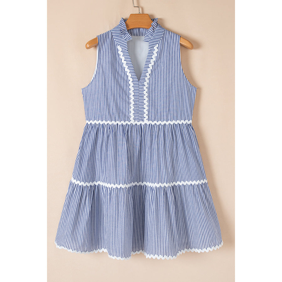 Blue Stripe Sleeveless Notched V Neck Contrast Ric Rac Mini Dress Dresses/Mini Dresses