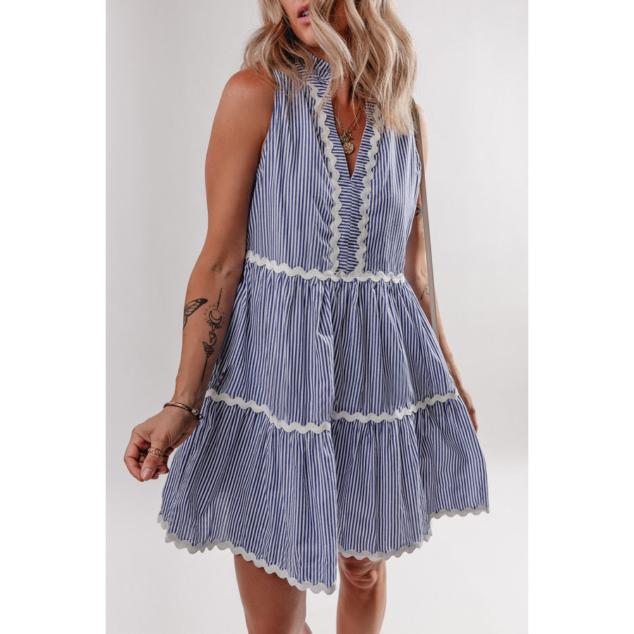 Blue Stripe Sleeveless Notched V Neck Contrast Ric Rac Mini Dress Dresses/Mini Dresses