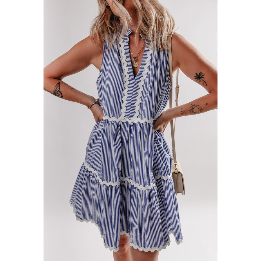 Blue Stripe Sleeveless Notched V Neck Contrast Ric Rac Mini Dress Dresses/Mini Dresses