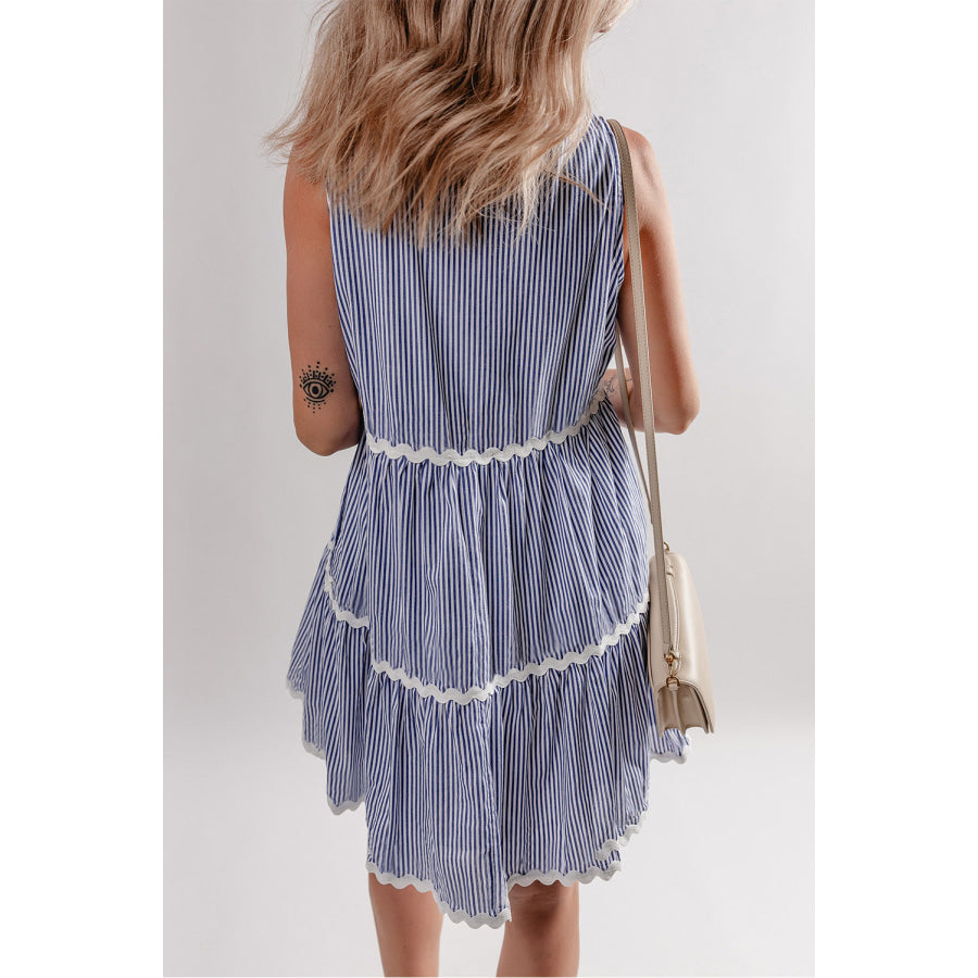 Blue Stripe Sleeveless Notched V Neck Contrast Ric Rac Mini Dress Dresses/Mini Dresses
