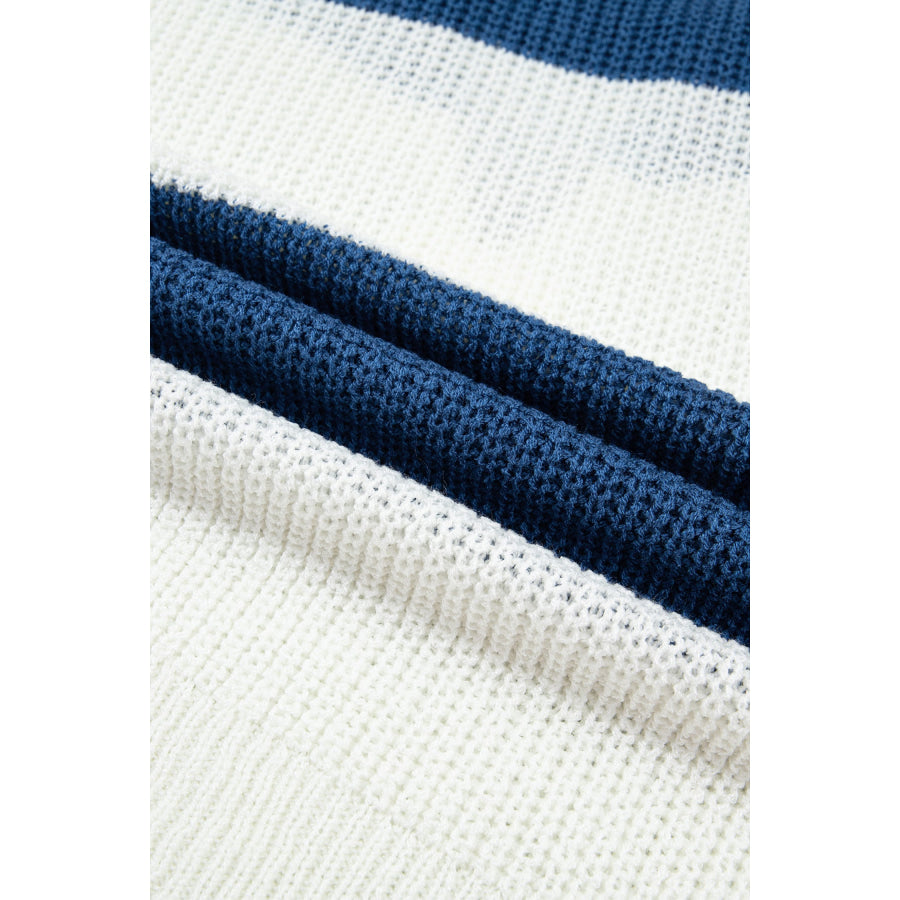 Blue Stripe Striped Colorblock Knit V Neck Short Sleeve Loose Sweater Sweaters & Cardigans/Short