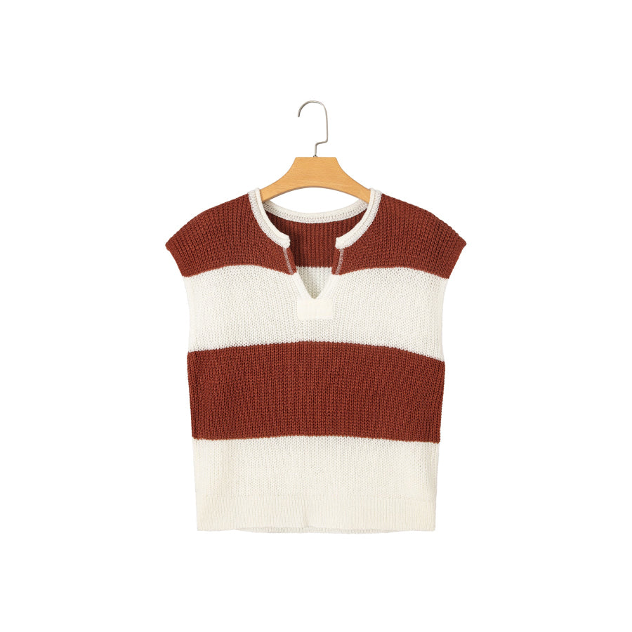 Blue Stripe Striped Colorblock Knit V Neck Short Sleeve Loose Sweater Sweaters & Cardigans/Short