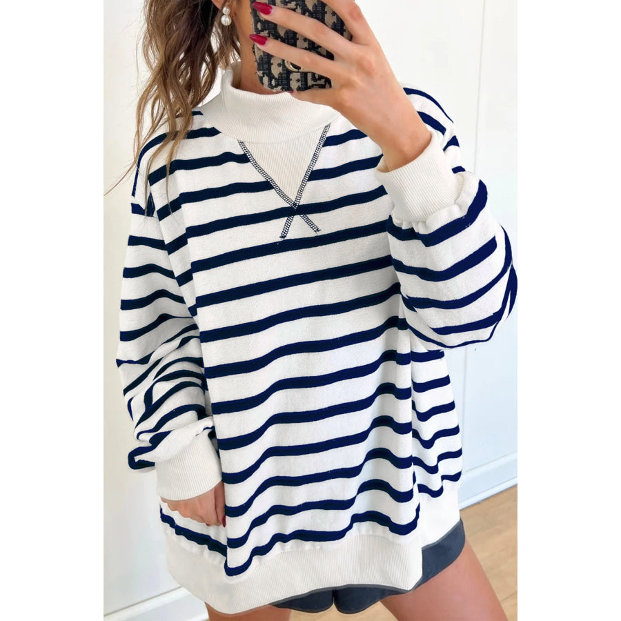 Blue Stripe Striped Stand Neck Long Sleeve Ribbed Cuff Hem Sweatshirt Blue Stripe / S / 100% Polyester Tops/Sweatshirts & Hoodies