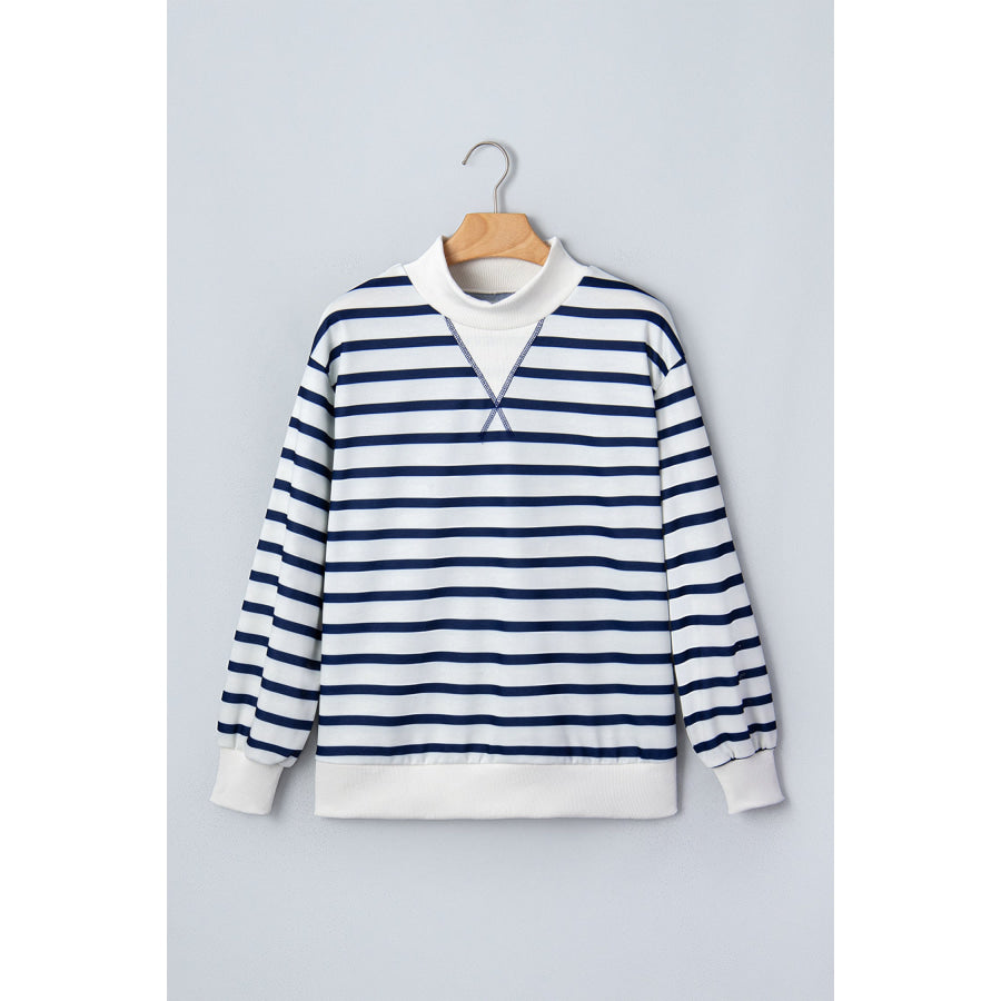 Blue Stripe Striped Stand Neck Long Sleeve Ribbed Cuff Hem Sweatshirt Tops/Sweatshirts & Hoodies