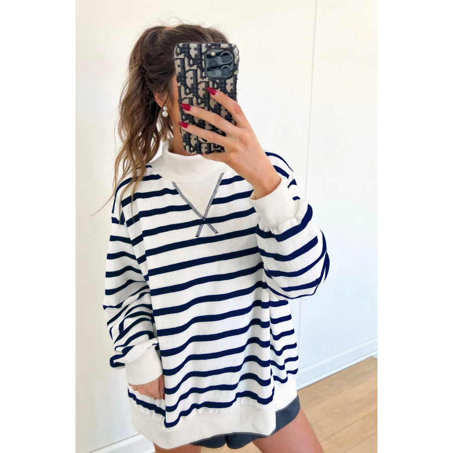 Blue Stripe Striped Stand Neck Long Sleeve Ribbed Cuff Hem Sweatshirt Tops/Sweatshirts & Hoodies