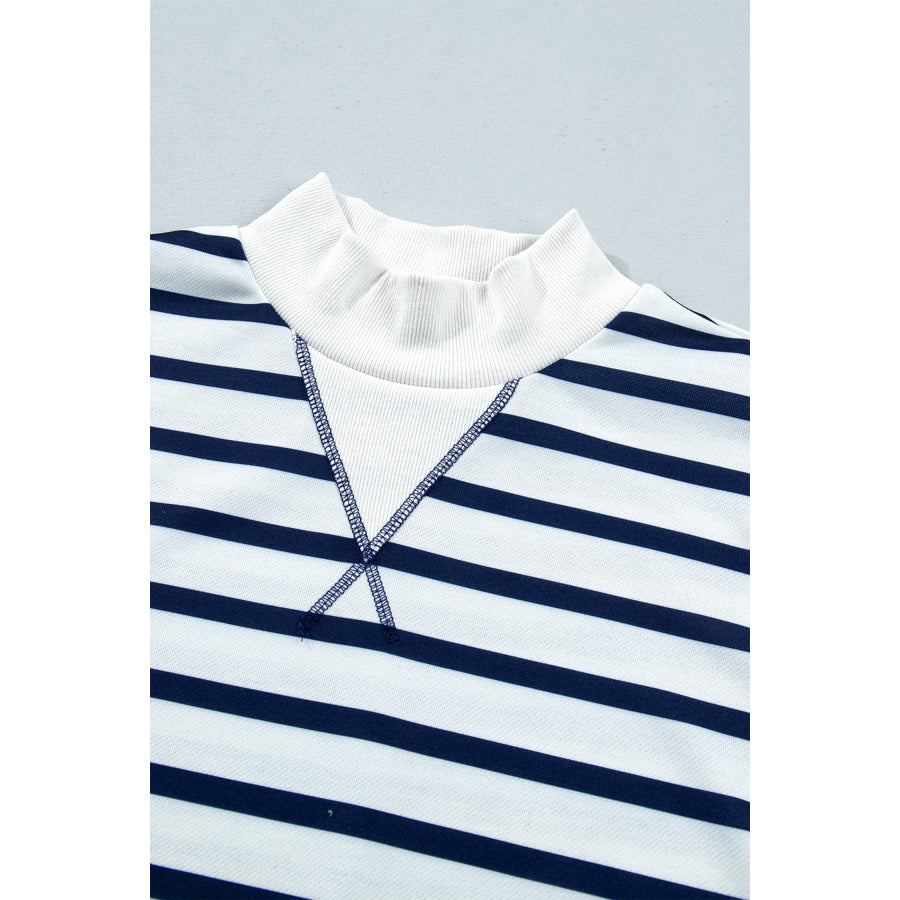 Blue Stripe Striped Stand Neck Long Sleeve Ribbed Cuff Hem Sweatshirt Tops/Sweatshirts & Hoodies