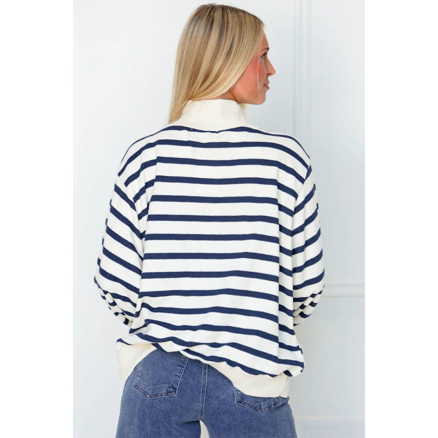 Blue Stripe Striped Stand Neck Long Sleeve Ribbed Cuff Hem Sweatshirt Blue Stripe / S / 100% Polyester Tops/Sweatshirts & Hoodies