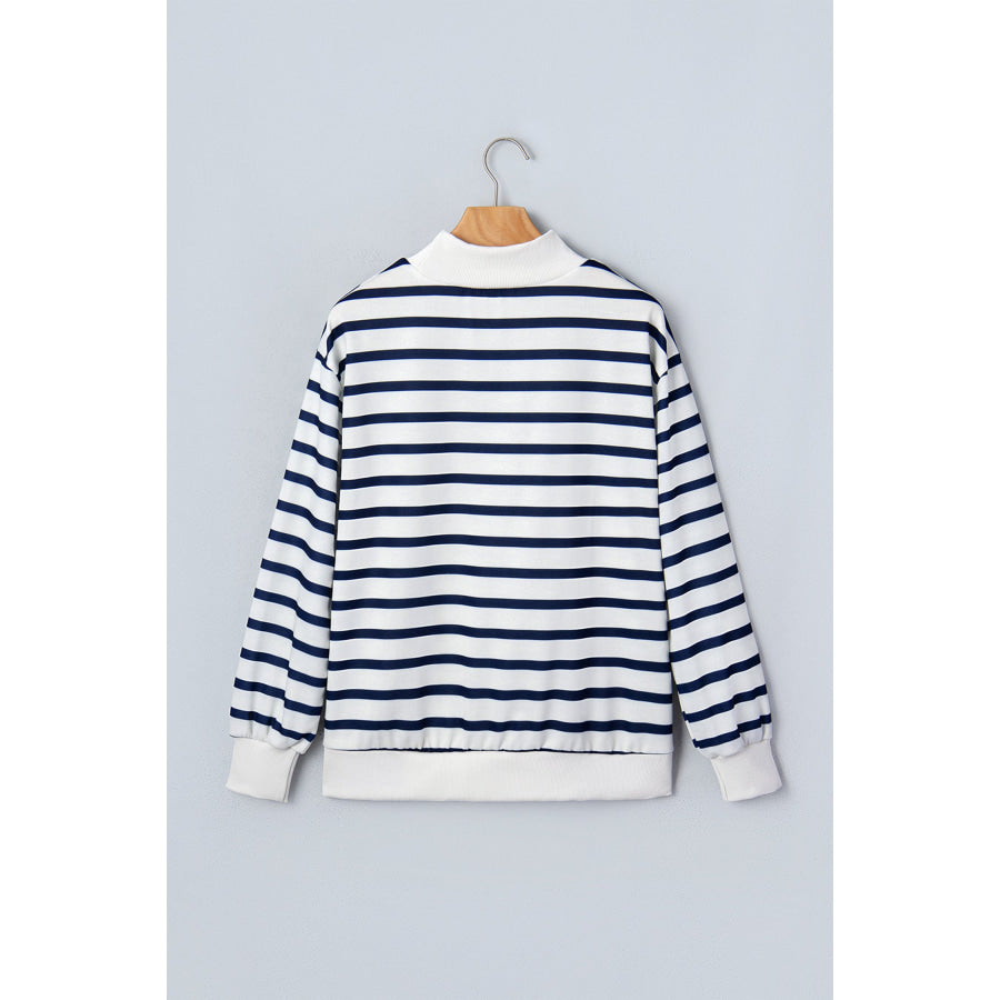Blue Stripe Striped Stand Neck Long Sleeve Ribbed Cuff Hem Sweatshirt Tops/Sweatshirts & Hoodies
