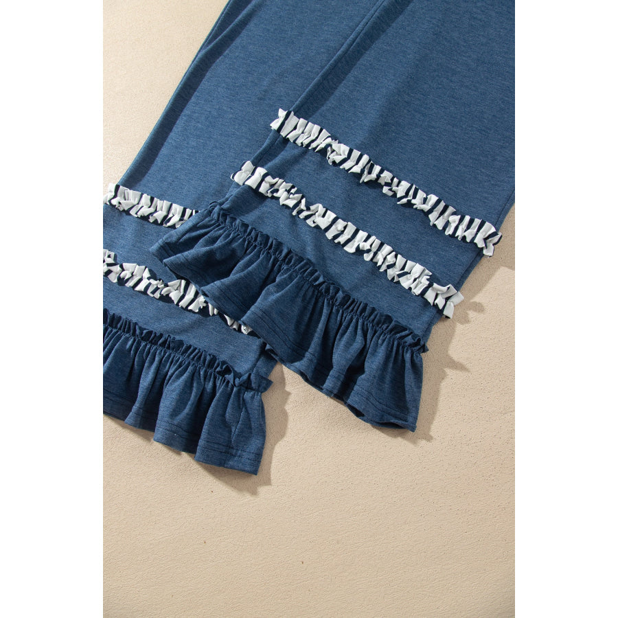 Blue Stripe V Neck Ruffle Contrast Sleeve Top Drawstring Pants 2pcs Set Two Piece Sets/Pant Sets