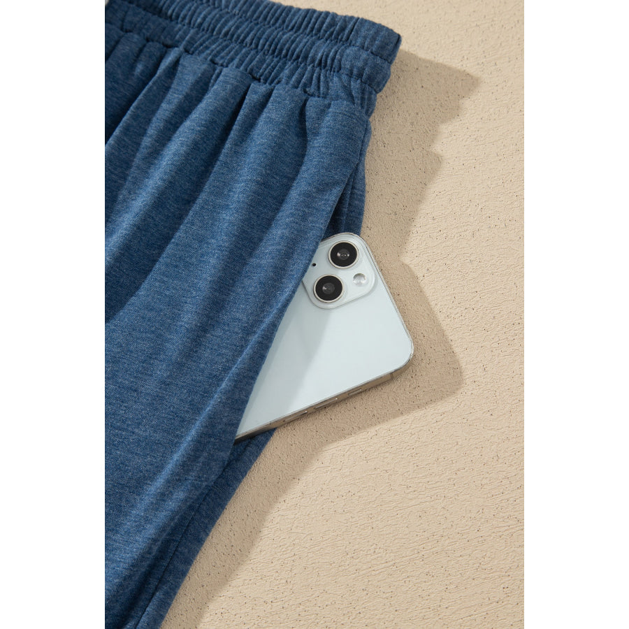 Blue Stripe V Neck Ruffle Contrast Sleeve Top Drawstring Pants 2pcs Set Two Piece Sets/Pant Sets