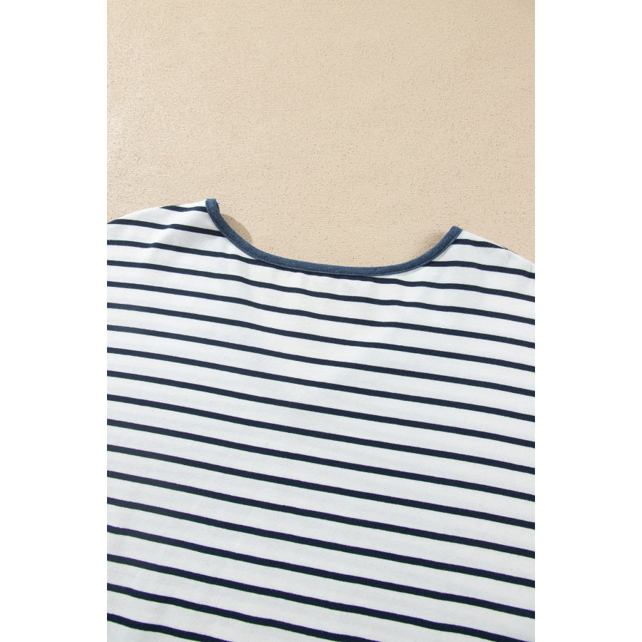 Blue Stripe V Neck Ruffle Contrast Sleeve Top Drawstring Pants 2pcs Set Two Piece Sets/Pant Sets