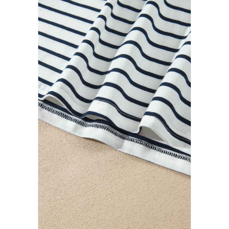 Blue Stripe V Neck Ruffle Contrast Sleeve Top Drawstring Pants 2pcs Set Two Piece Sets/Pant Sets