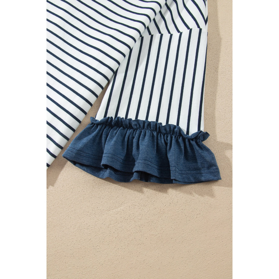Blue Stripe V Neck Ruffle Contrast Sleeve Top Drawstring Pants 2pcs Set Two Piece Sets/Pant Sets