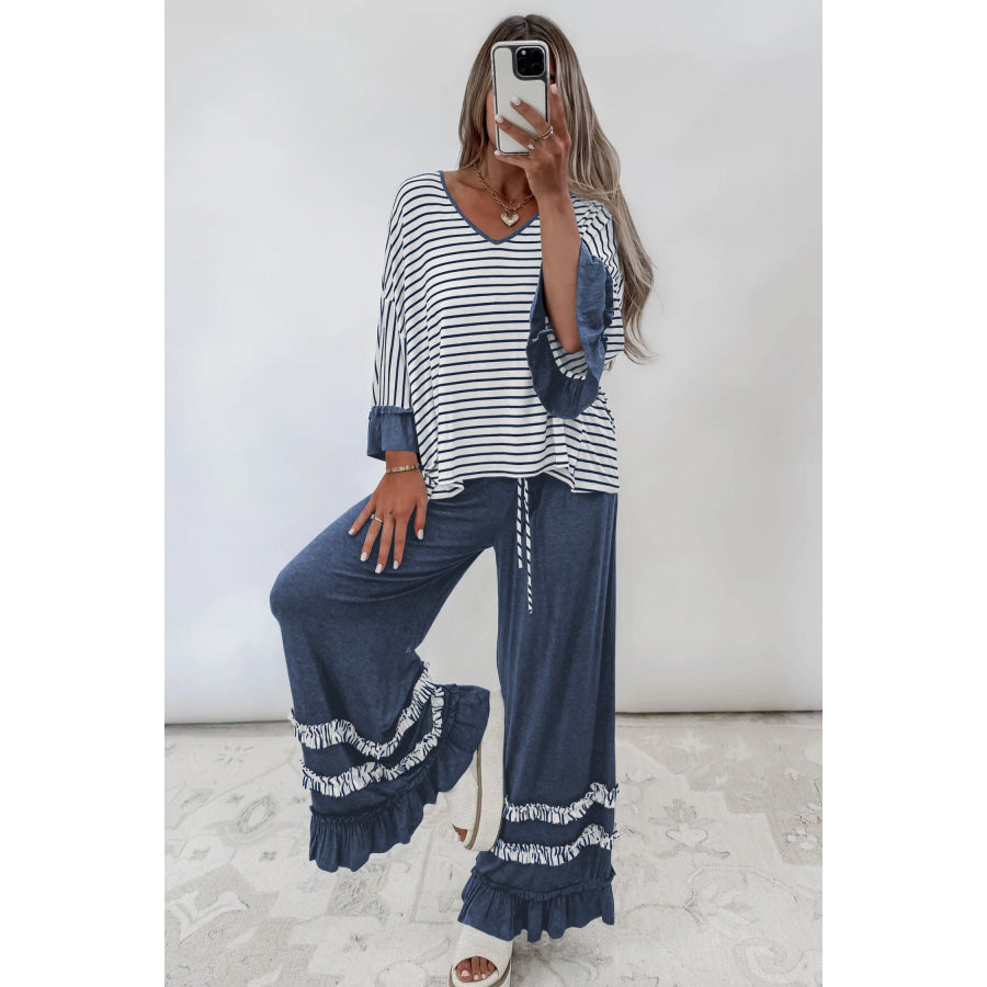 Blue Stripe V Neck Ruffle Contrast Sleeve Top Drawstring Pants 2pcs Set Two Piece Sets/Pant Sets