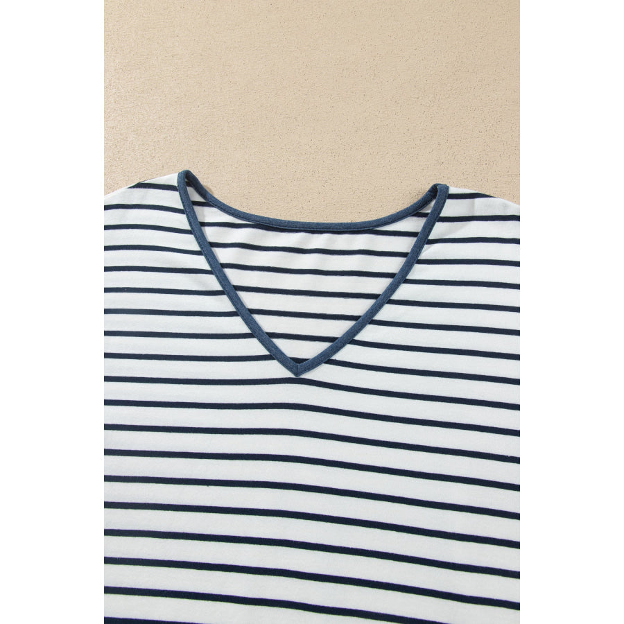 Blue Stripe V Neck Ruffle Contrast Sleeve Top Drawstring Pants 2pcs Set Two Piece Sets/Pant Sets