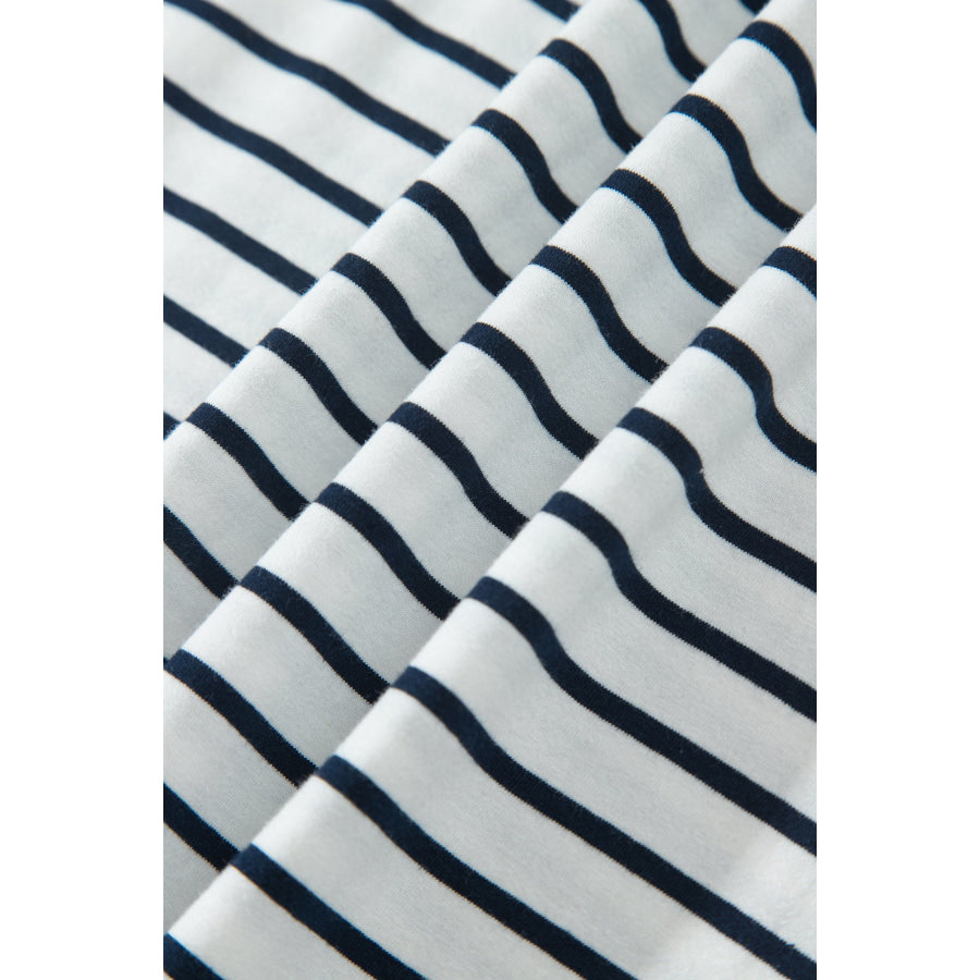 Blue Stripe V Neck Ruffle Contrast Sleeve Top Drawstring Pants 2pcs Set Two Piece Sets/Pant Sets