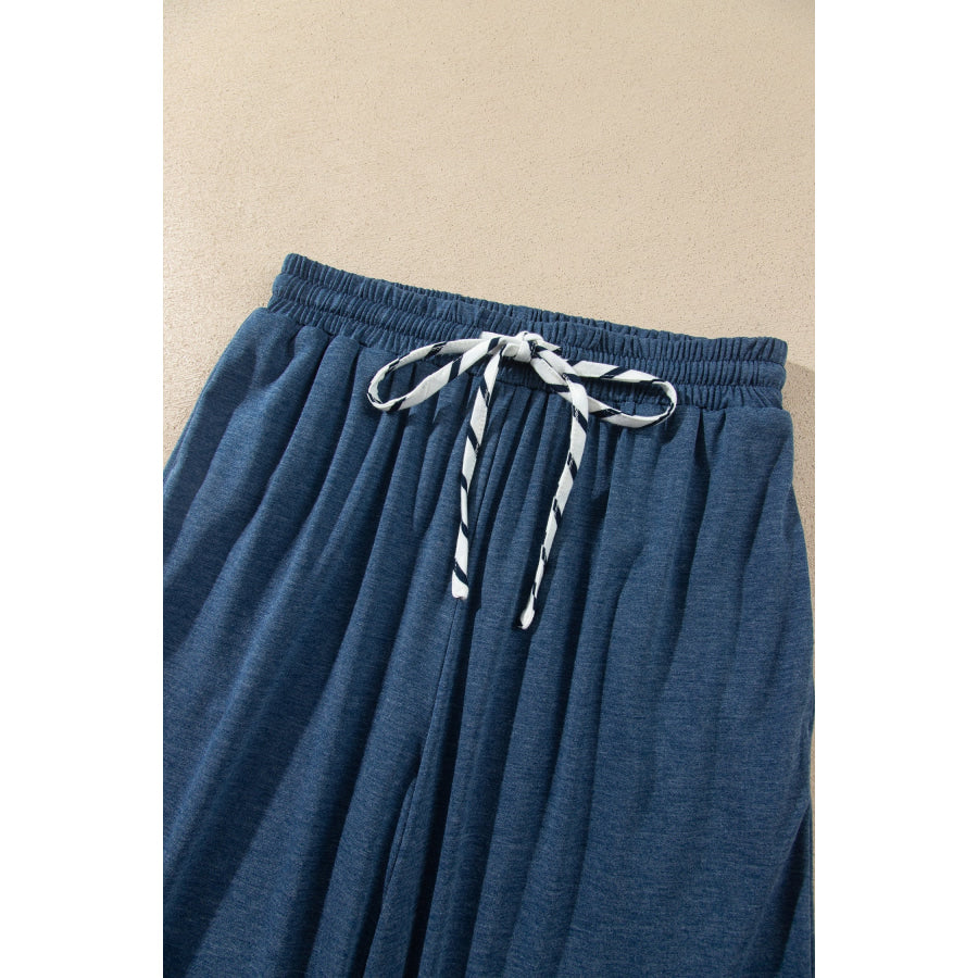 Blue Stripe V Neck Ruffle Contrast Sleeve Top Drawstring Pants 2pcs Set Two Piece Sets/Pant Sets