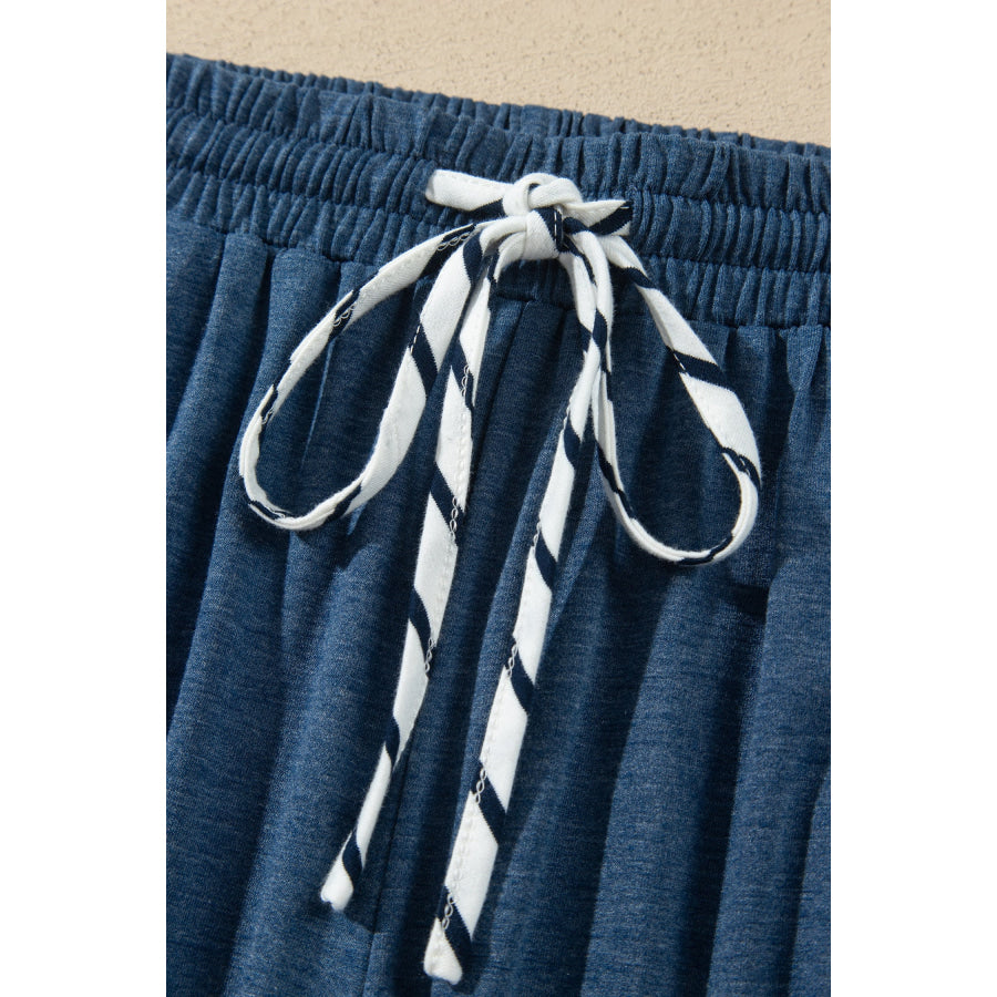Blue Stripe V Neck Ruffle Contrast Sleeve Top Drawstring Pants 2pcs Set Two Piece Sets/Pant Sets