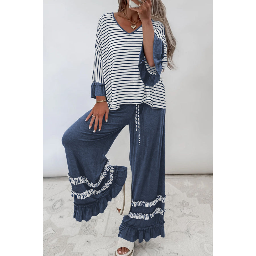 Blue Stripe V Neck Ruffle Contrast Sleeve Top Drawstring Pants 2pcs Set Two Piece Sets/Pant Sets
