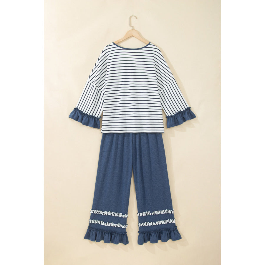 Blue Stripe V Neck Ruffle Contrast Sleeve Top Drawstring Pants 2pcs Set Two Piece Sets/Pant Sets