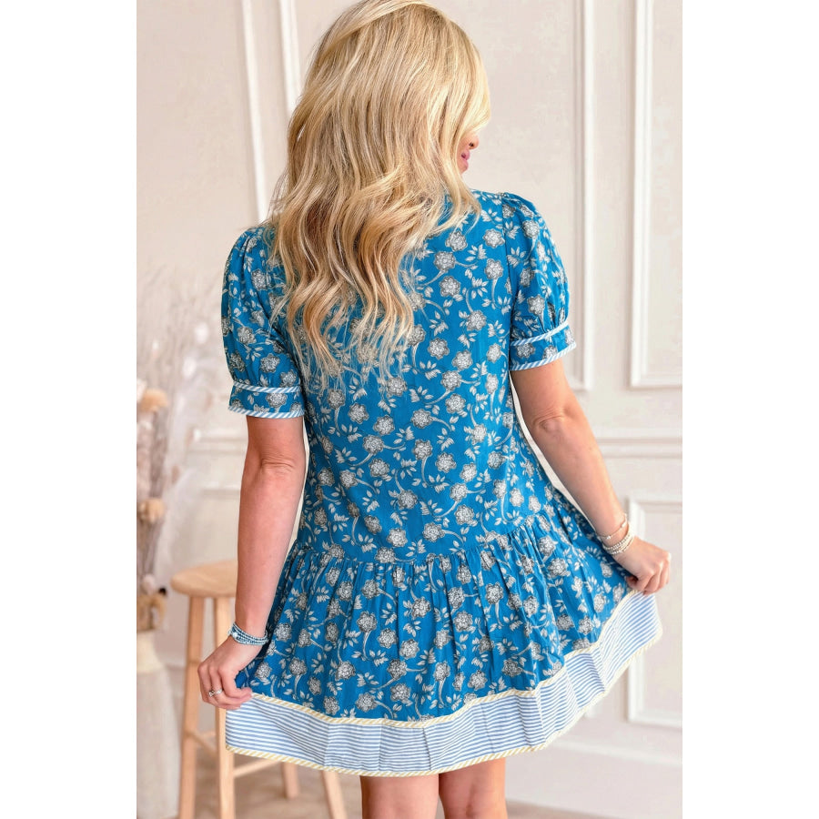 Blue Striped Trim Half Buttons Short Sleeve Floral Dress Dresses/Floral Dresses