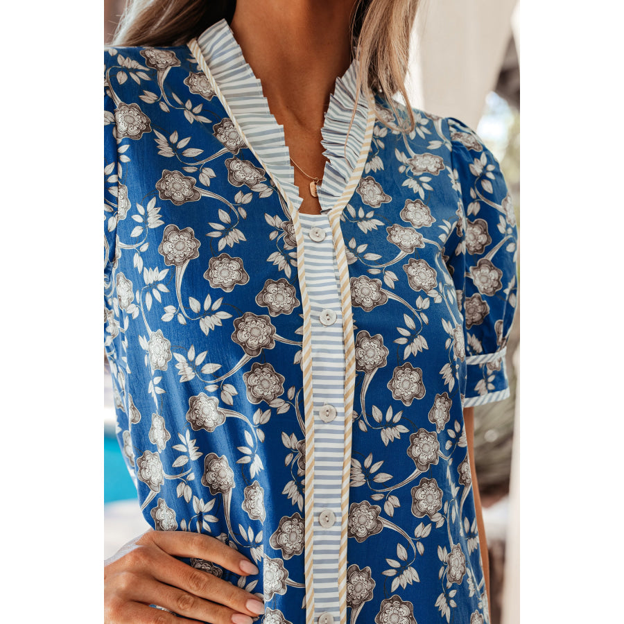 Blue Striped Trim Half Buttons Short Sleeve Floral Dress Dresses/Floral Dresses