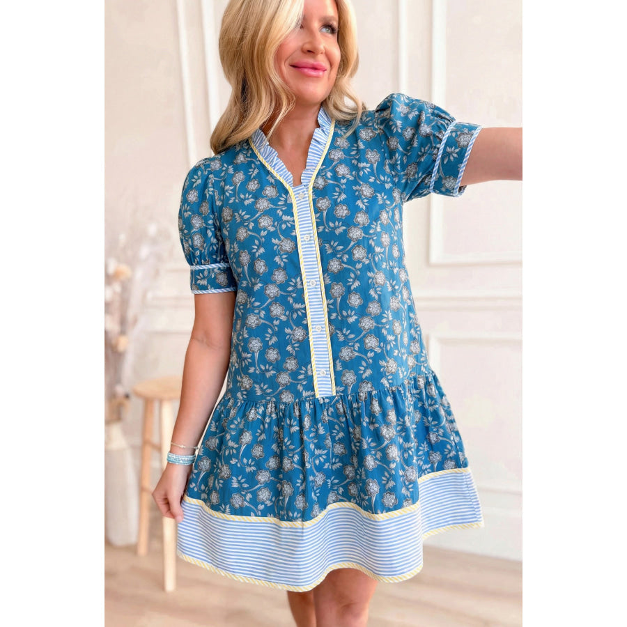 Blue Striped Trim Half Buttons Short Sleeve Floral Dress Dresses/Floral Dresses