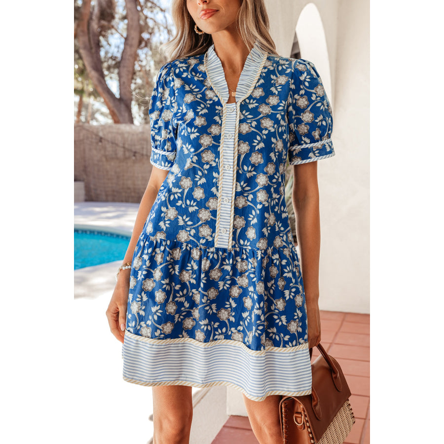 Blue Striped Trim Half Buttons Short Sleeve Floral Dress Dresses/Floral Dresses