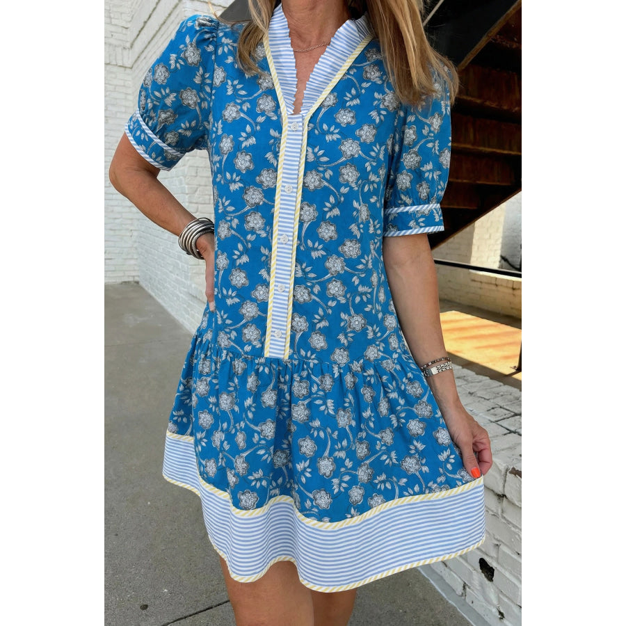 Blue Striped Trim Half Buttons Short Sleeve Floral Dress Dresses/Floral Dresses
