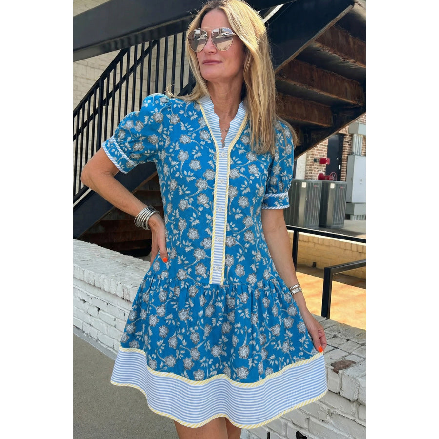 Blue Striped Trim Half Buttons Short Sleeve Floral Dress Dresses/Floral Dresses