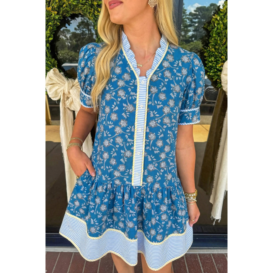 Blue Striped Trim Half Buttons Short Sleeve Floral Dress Blue / S / 100% Cotton Dresses/Floral Dresses