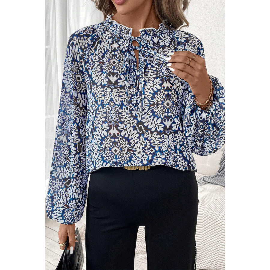 Blue Tribal Print Lace-up Frilled Neck Puff Sleeve Blouse Blue / S / 100% Polyester Tops/Blouses & Shirts