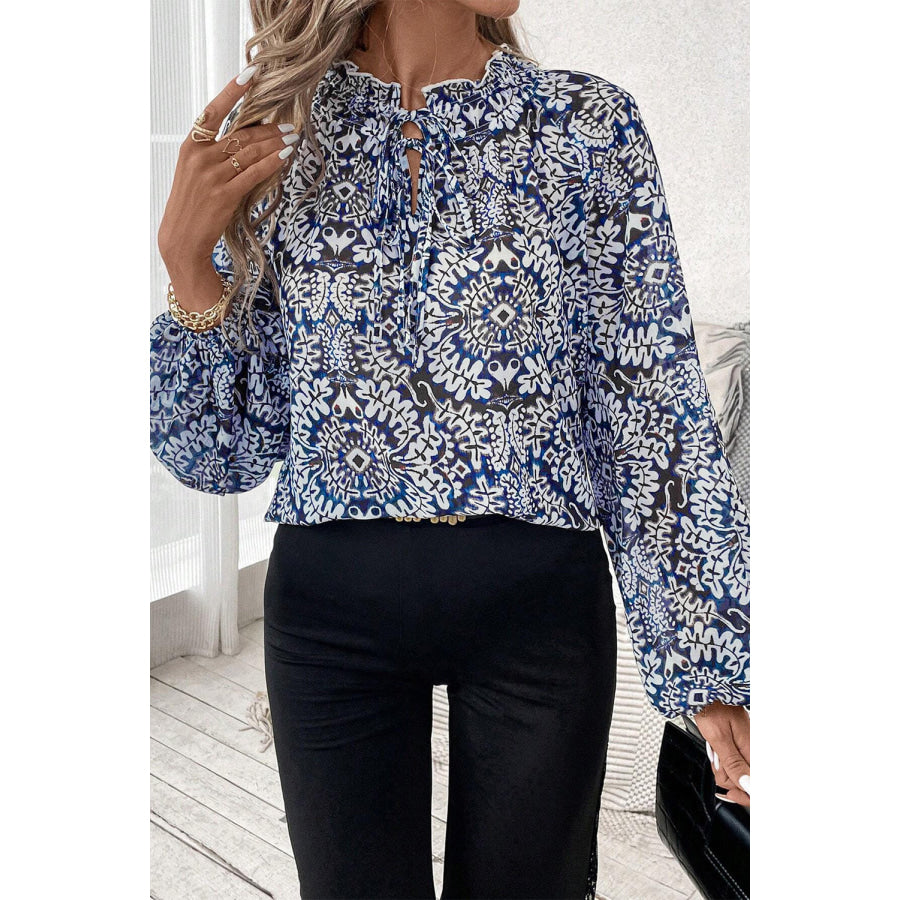 Blue Tribal Print Lace-up Frilled Neck Puff Sleeve Blouse Tops/Blouses & Shirts
