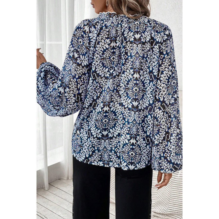 Blue Tribal Print Lace-up Frilled Neck Puff Sleeve Blouse Tops/Blouses & Shirts