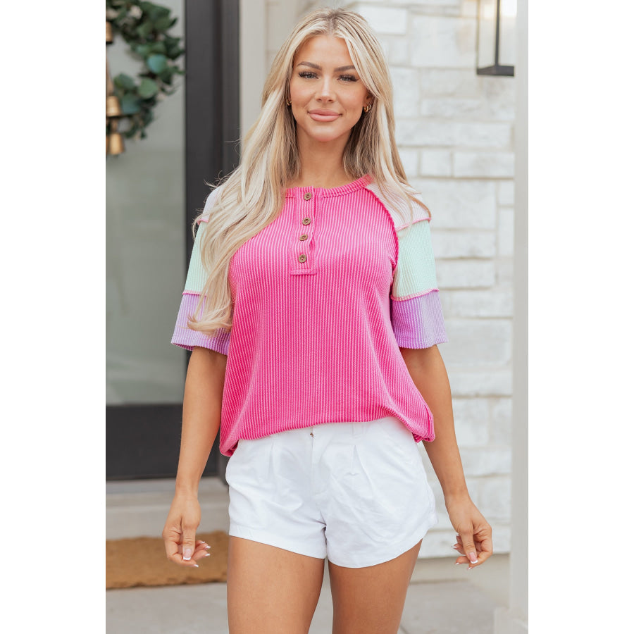 Blue Twisted Ribbed Color Block Patchwork Henley Short Sleeve T Shirt Bright Pink / S / 75% Polyester + 20% Viscose + 5% Elastane Tops/Tops