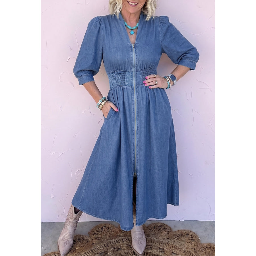 Blue V Neck Shirred Waist Metal Zipper Denim Midi Dress Dresses/Midi Dresses