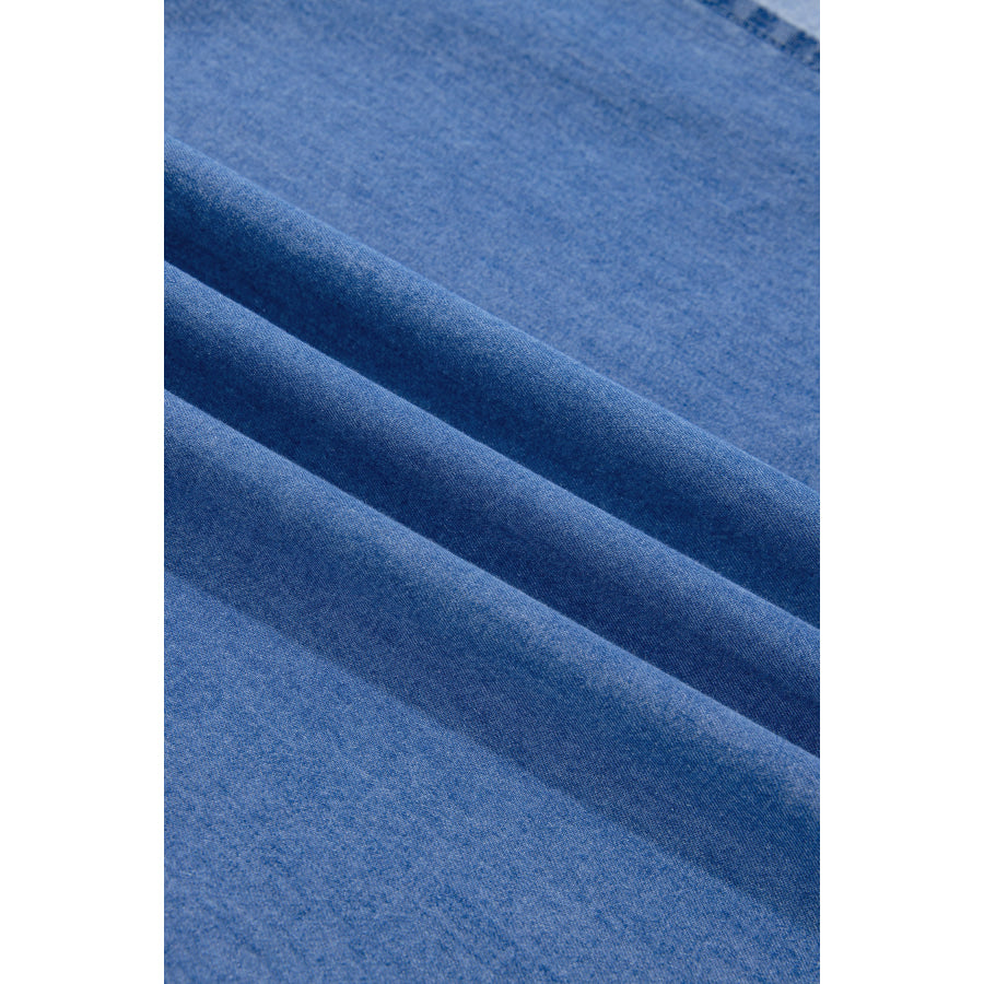 Blue V Neck Shirred Waist Metal Zipper Denim Midi Dress Dresses/Midi Dresses