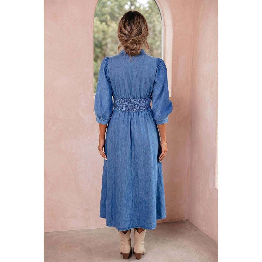 Blue V Neck Shirred Waist Metal Zipper Denim Midi Dress Blue / S / 100% Cotton Dresses/Midi Dresses