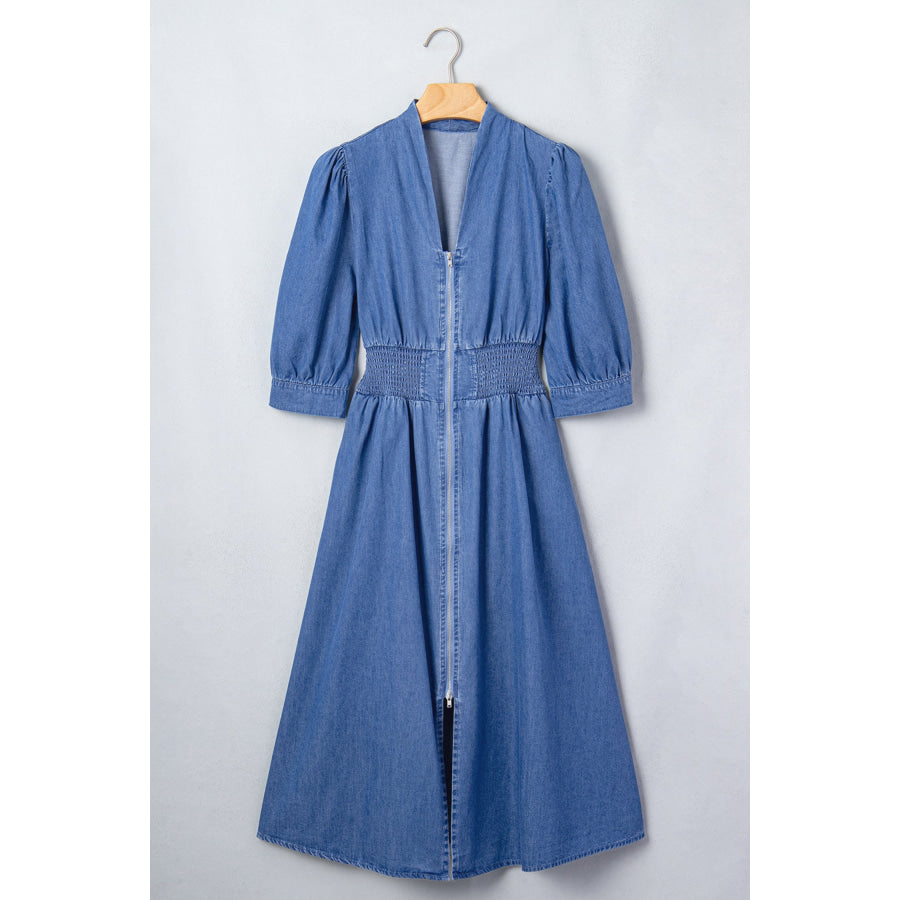 Blue V Neck Shirred Waist Metal Zipper Denim Midi Dress Dresses/Midi Dresses