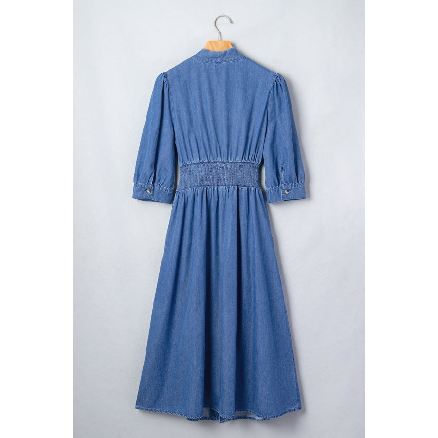 Blue V Neck Shirred Waist Metal Zipper Denim Midi Dress Dresses/Midi Dresses