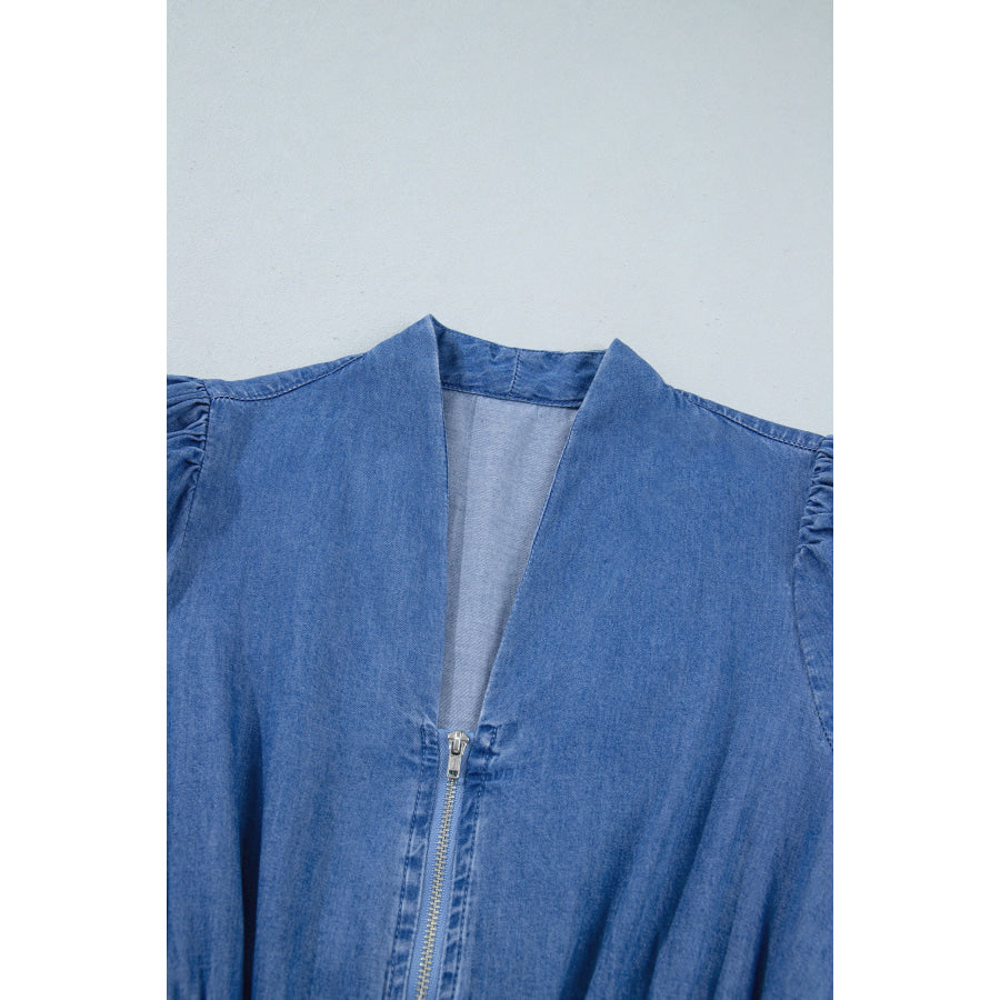 Blue V Neck Shirred Waist Metal Zipper Denim Midi Dress Dresses/Midi Dresses