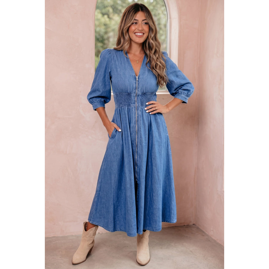 Blue V Neck Shirred Waist Metal Zipper Denim Midi Dress Dresses/Midi Dresses